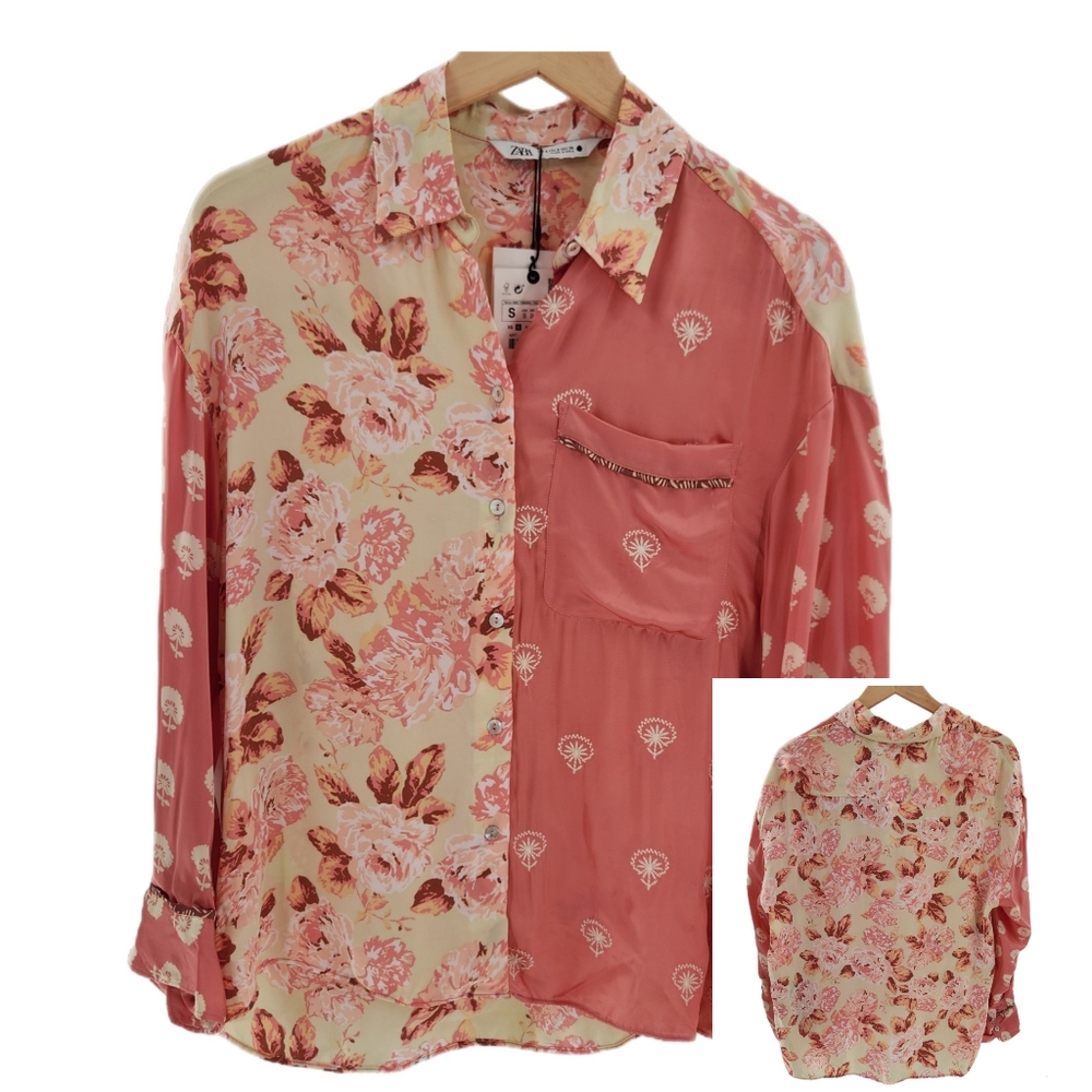 Zara Silia Satin Effect Contrasting Floral Long Sleeve Button Down Women Small
